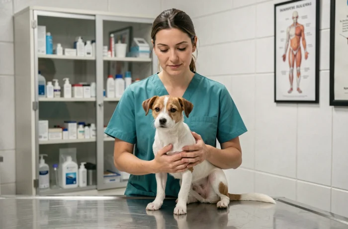 Vétérinaire en blouse teal examinant un petit chien avec soin dans une clinique vétérinaire professionnelle