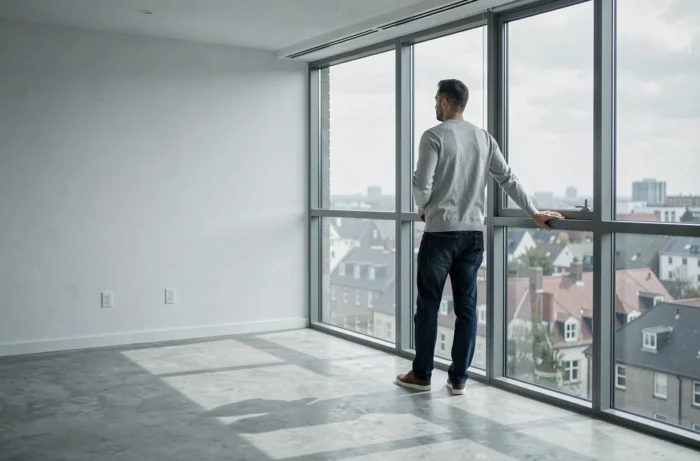 Homme visitant un appartement vide et regardant par la fenêtre avec vue sur la ville lors d'une recherche immobilière
