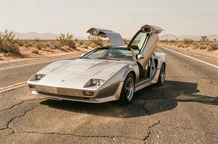 Voiture de sport iconique en acier inoxydable style années 80 garée sur une route désertique évoquant les grands films cultes du cinéma