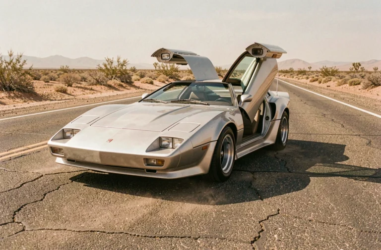 Voiture de sport iconique en acier inoxydable style années 80 garée sur une route désertique évoquant les grands films cultes du cinéma