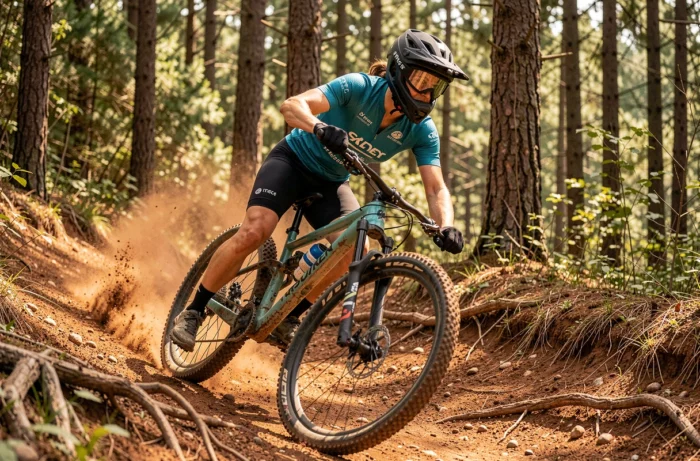 Cycliste féminine en pleine descente sur un sentier forestier boueux, sports extrêmes VTT tendances actuelles