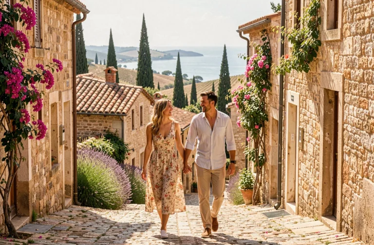 Couple se promenant main dans la main dans un village provençal ensoleillé avec vue sur la Méditerranée