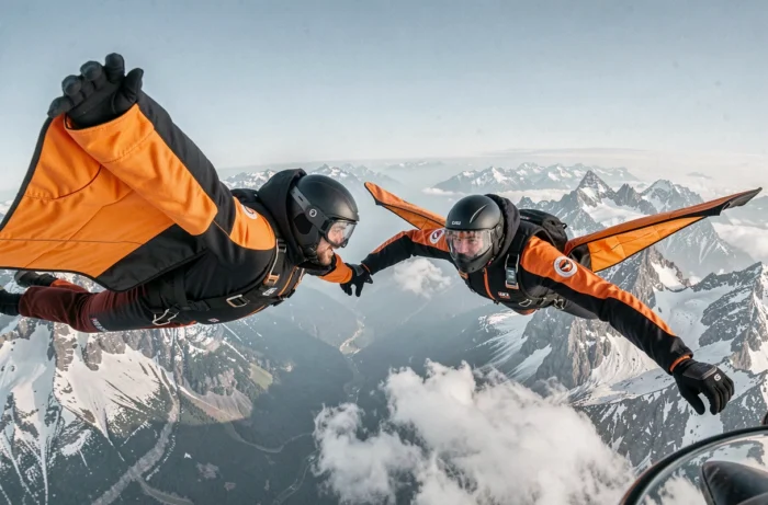 Deux parachutistes en wingsuit en formation au-dessus de sommets alpins enneigés, événements sports extrêmes BASE jump